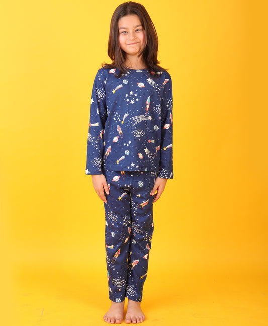 SOLAR SYSTEM DREAMS GIRLS LONG SLEEVES PYJAMA SET - BLUE