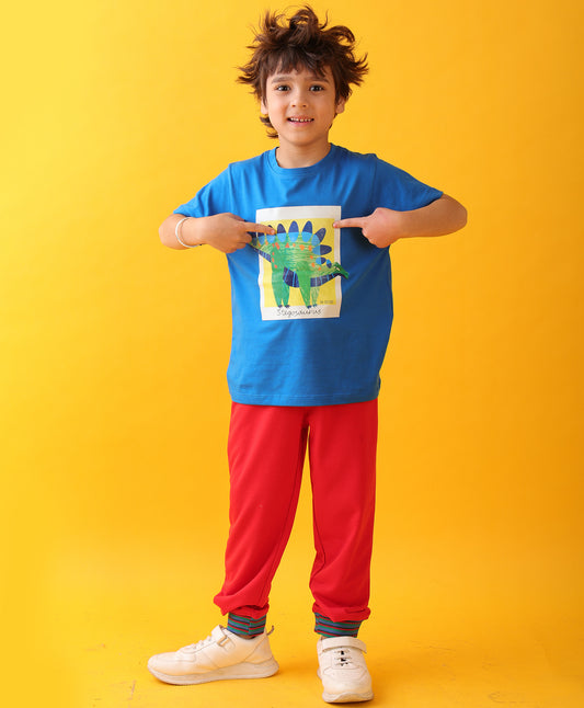 STEGOSAURUS SUMMER RED RIB BOYS JOGGER SET - ROYAL/RED