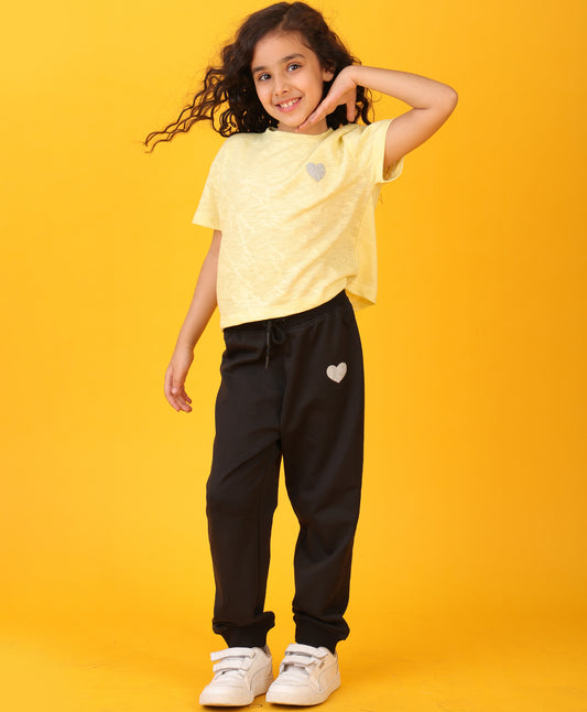 YELLOW JACQUARD BLACK HEART SUMMER JOGGER SET - YELLOW/BLACK