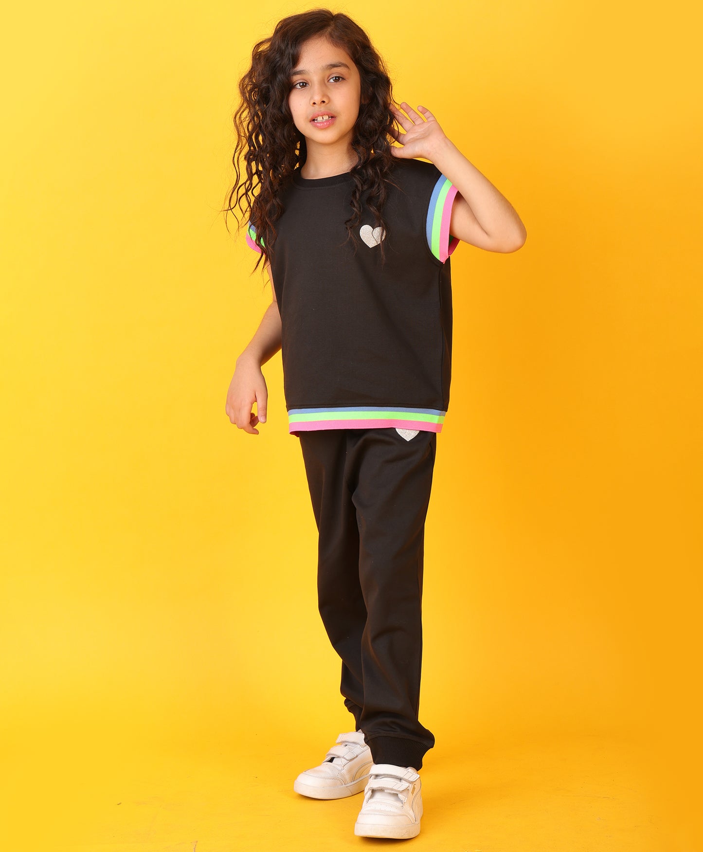 BLACK INTERLOCK RIB GIRLS JOGGER SET - BLACK