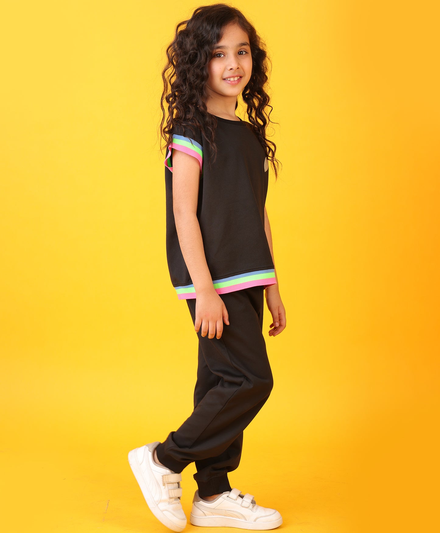 BLACK INTERLOCK RIB GIRLS JOGGER SET - BLACK