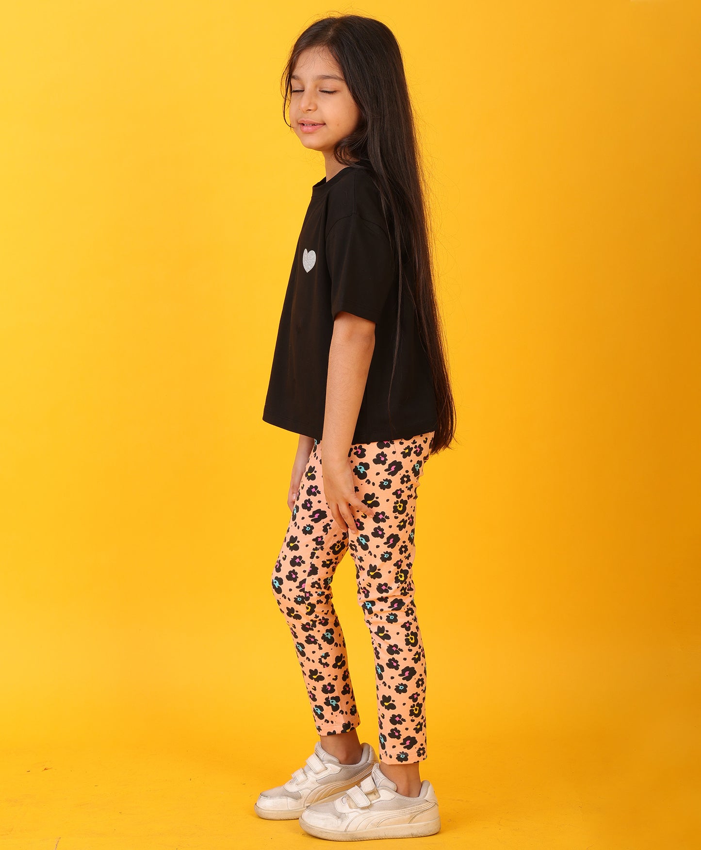 BLACK HEART LEOPARD PEACH LEGGING SET - BLACK/PEACH