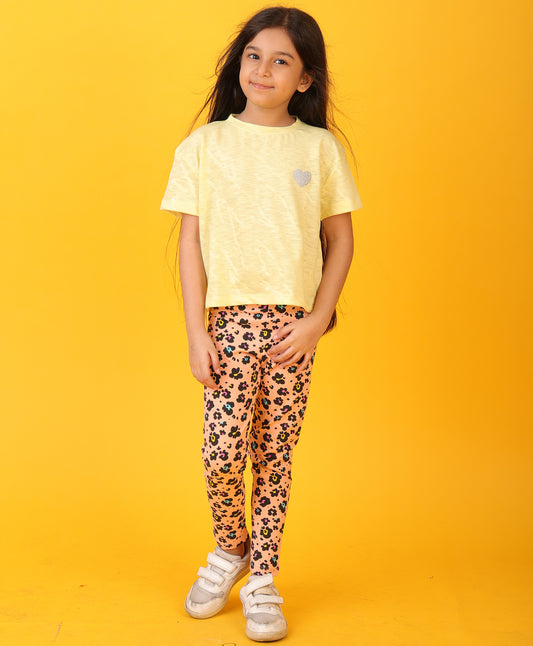 YELLOW JACQUARD LEOPARD LEGGINGS SET - YELLOW/PEACH