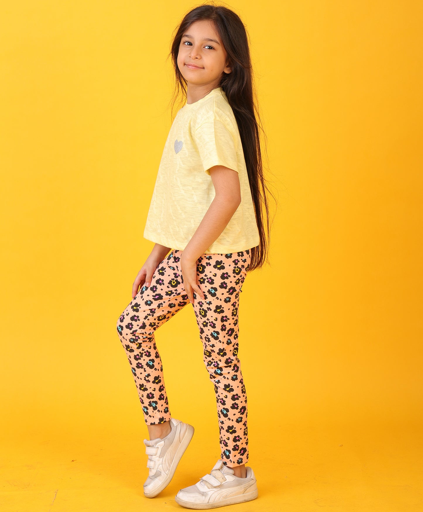 YELLOW JACQUARD LEOPARD LEGGINGS SET - YELLOW/PEACH