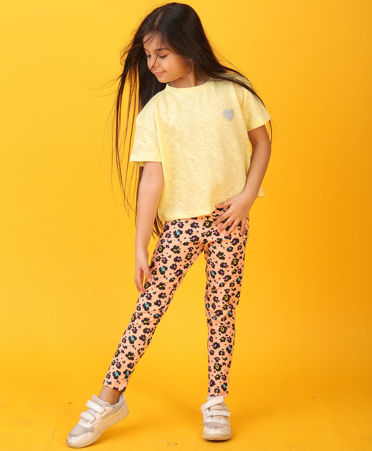 YELLOW JACQUARD LEOPARD LEGGINGS SET - YELLOW/PEACH