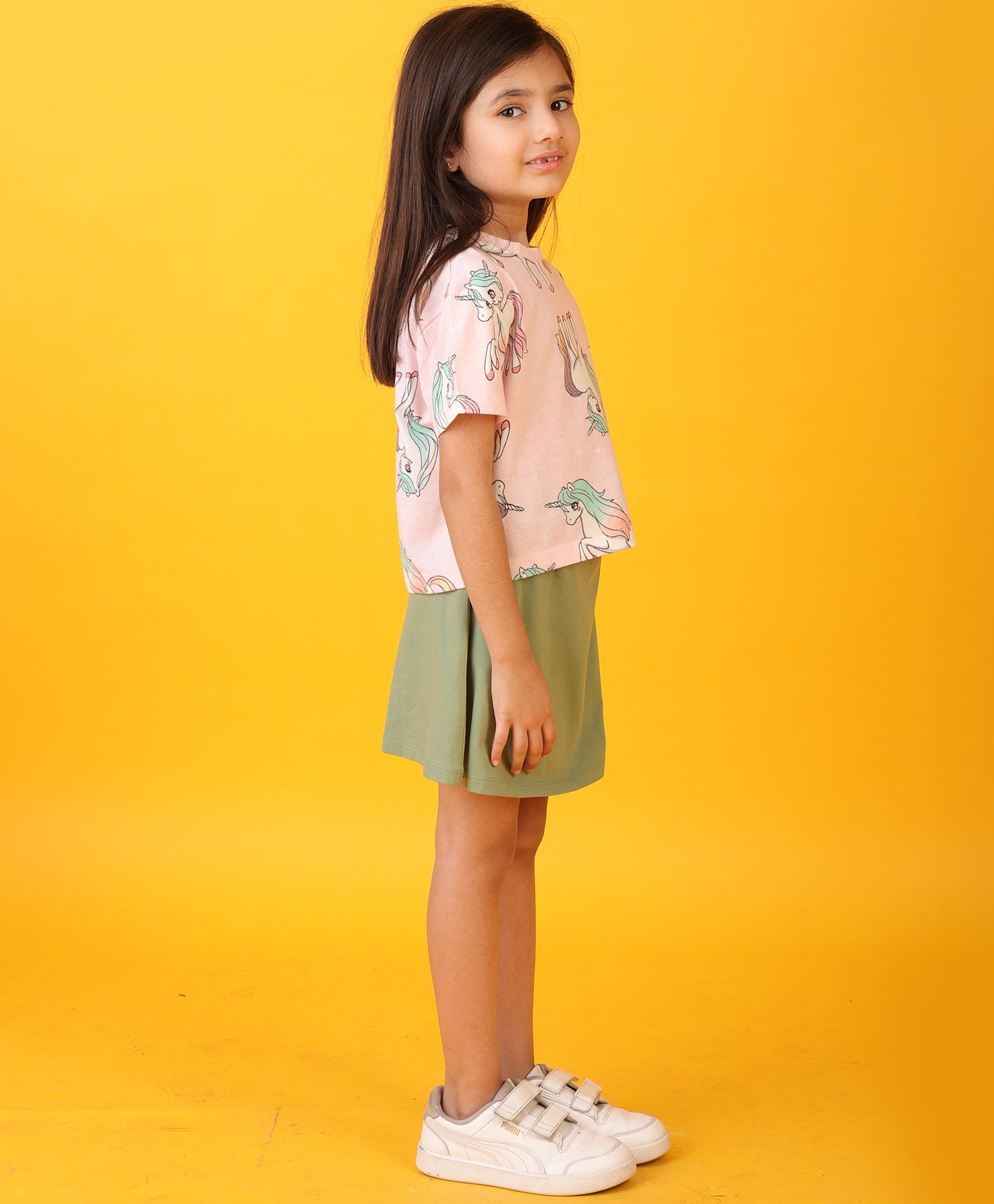 UNICORN STAR OLIVE GIRLS SUMMER SKIRT SET - PINK/OLIVE