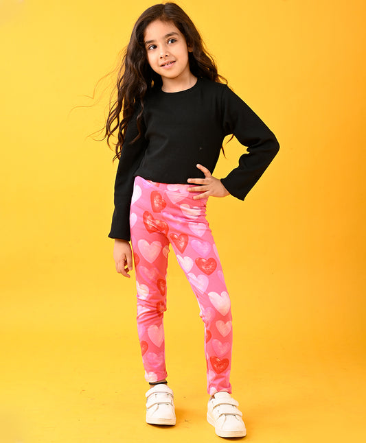 BLACK RIBBED T-SHIRT AND PINK HEART LEGGINGS SET - BLACK/PINK