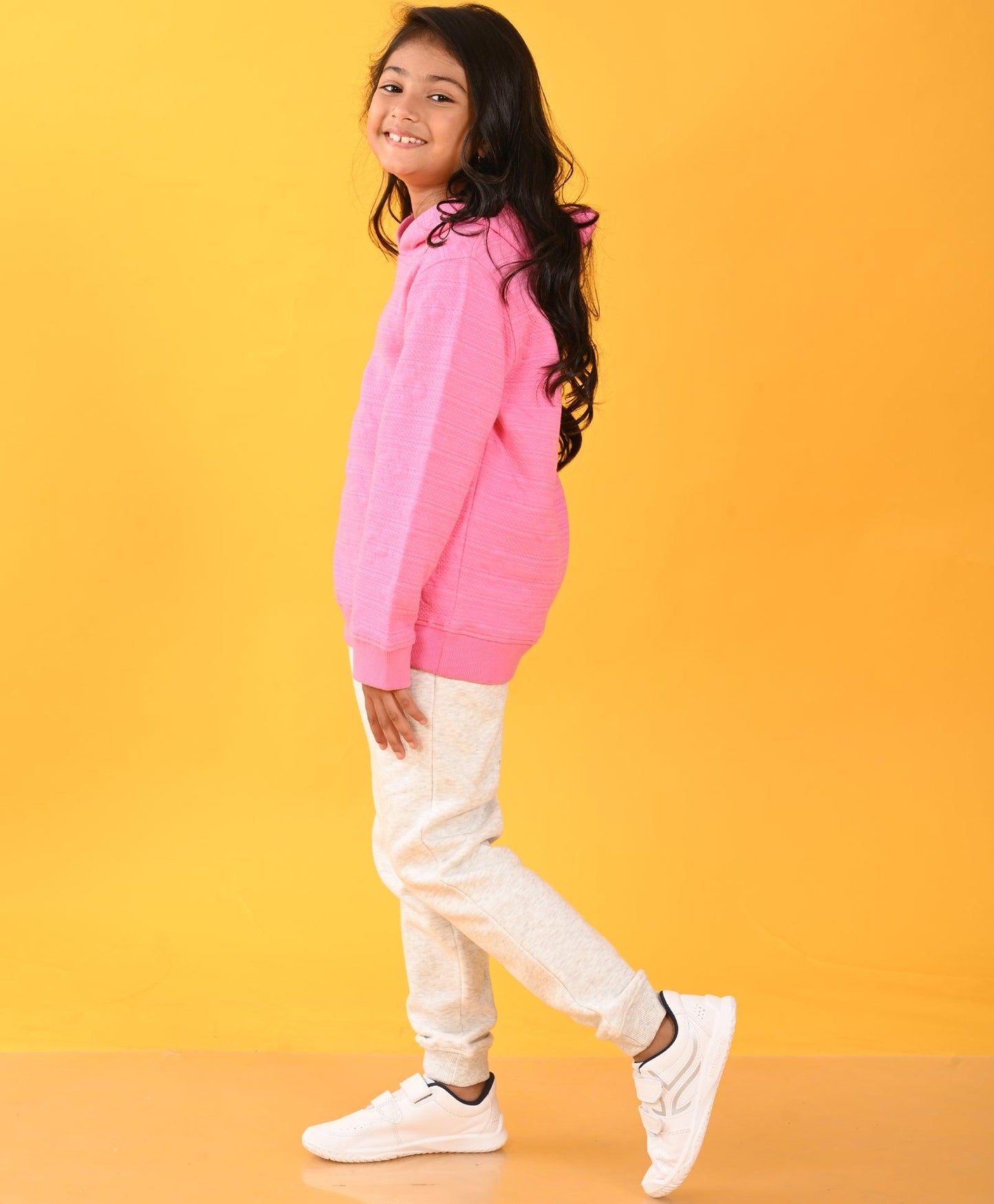 PINK FLOWER QUILTED GIRLS HOODIE ECRU FLEECE JOGGER SET - PINK / ECRU - Anthrilo 