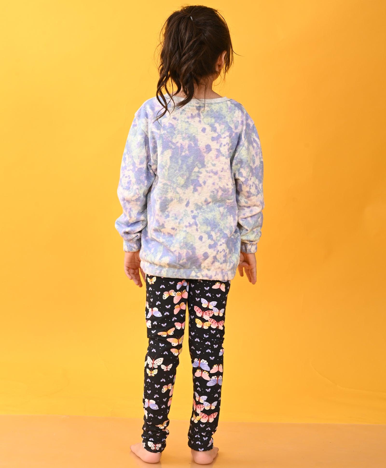 TIE DYE ECRU SWEATSHIRT BUTTERFLY LEGGINGS SET - ECRU / BLACK - Anthrilo 