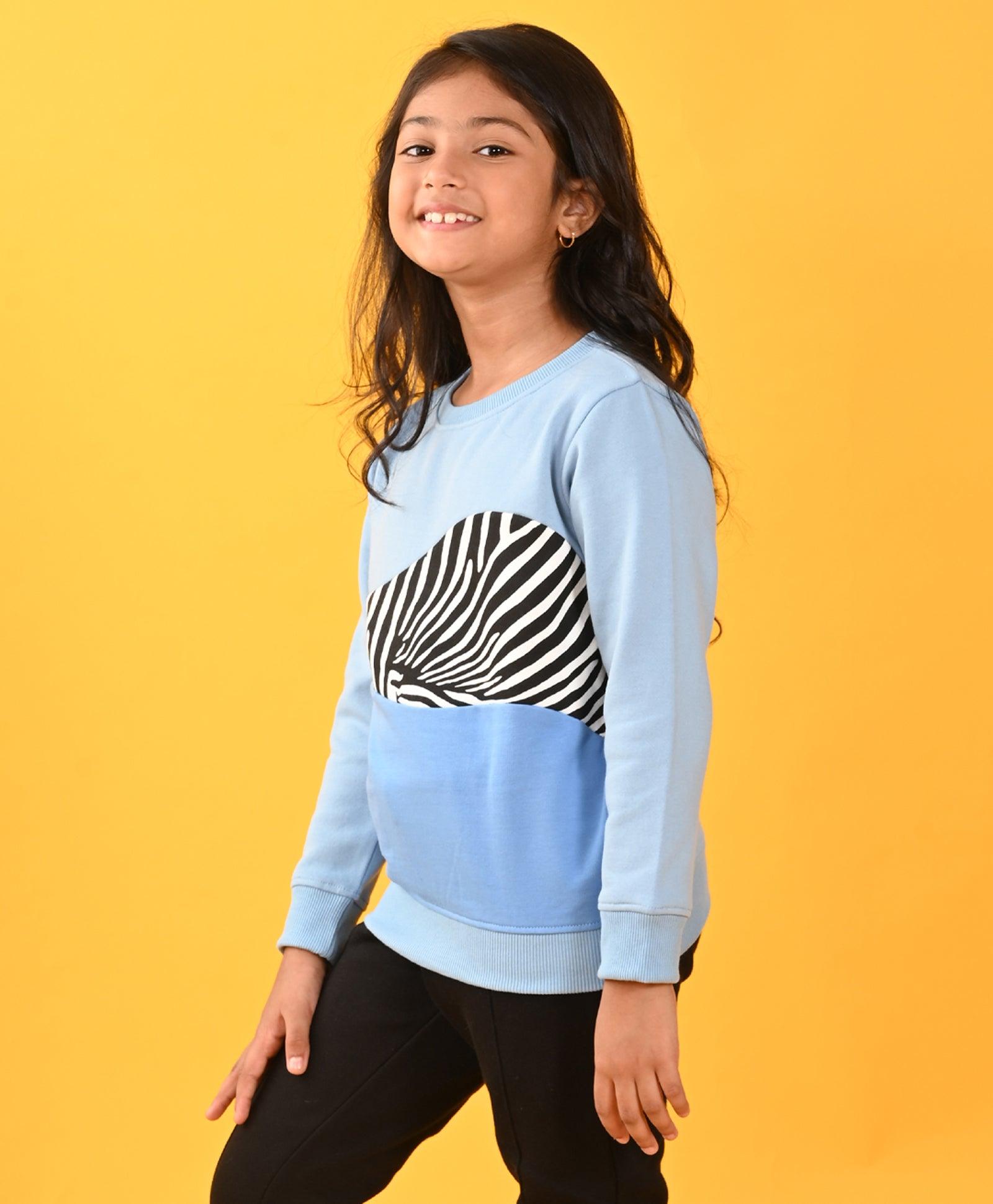 SKY ZEBRA COLOR BLOCK FLEECE GIRLS SWEATSHIRT - BLUE - Anthrilo 