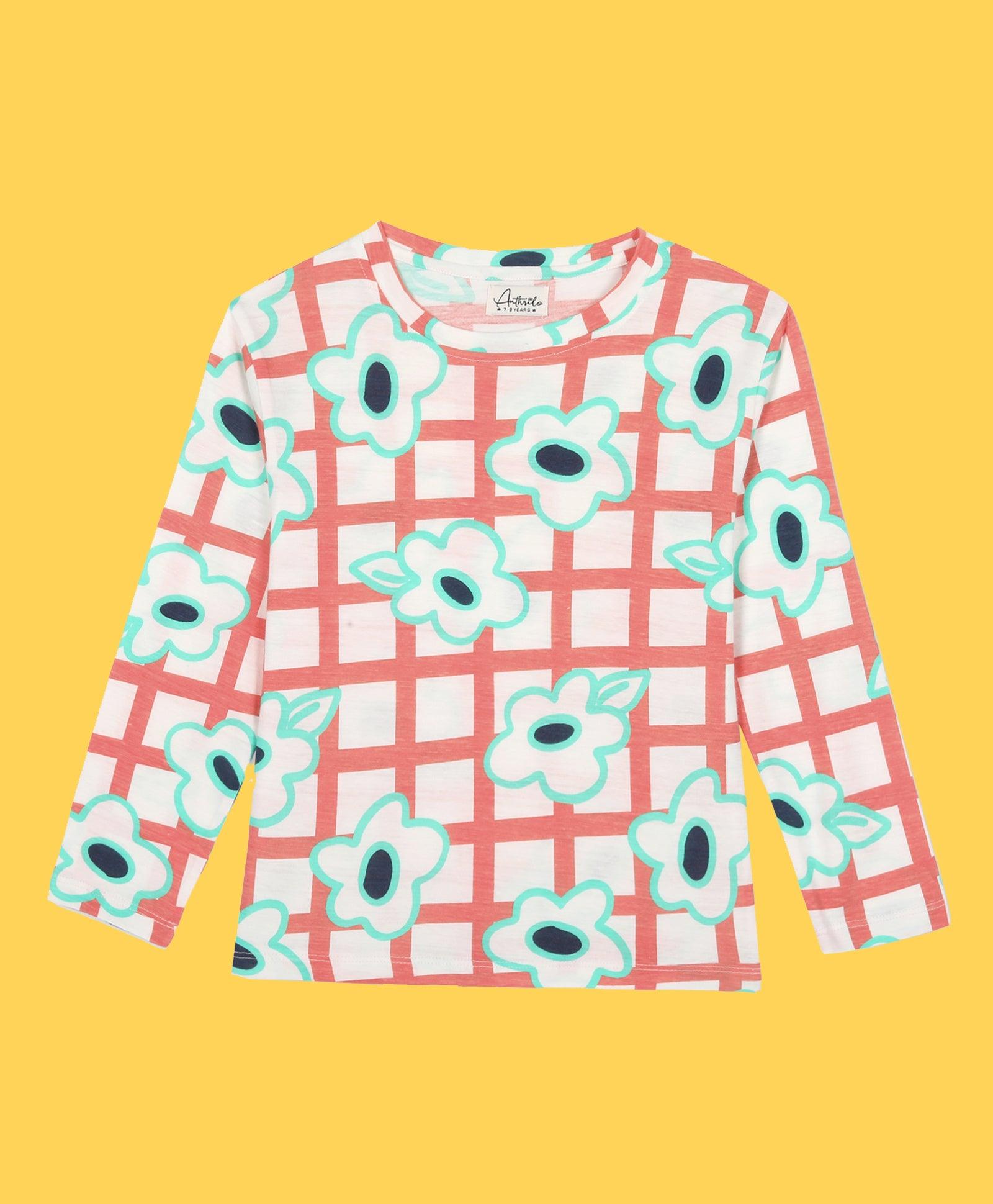 FLORAL CHECK AOP LONG SLEEVES T-SHIRT - WHITE - Anthrilo 
