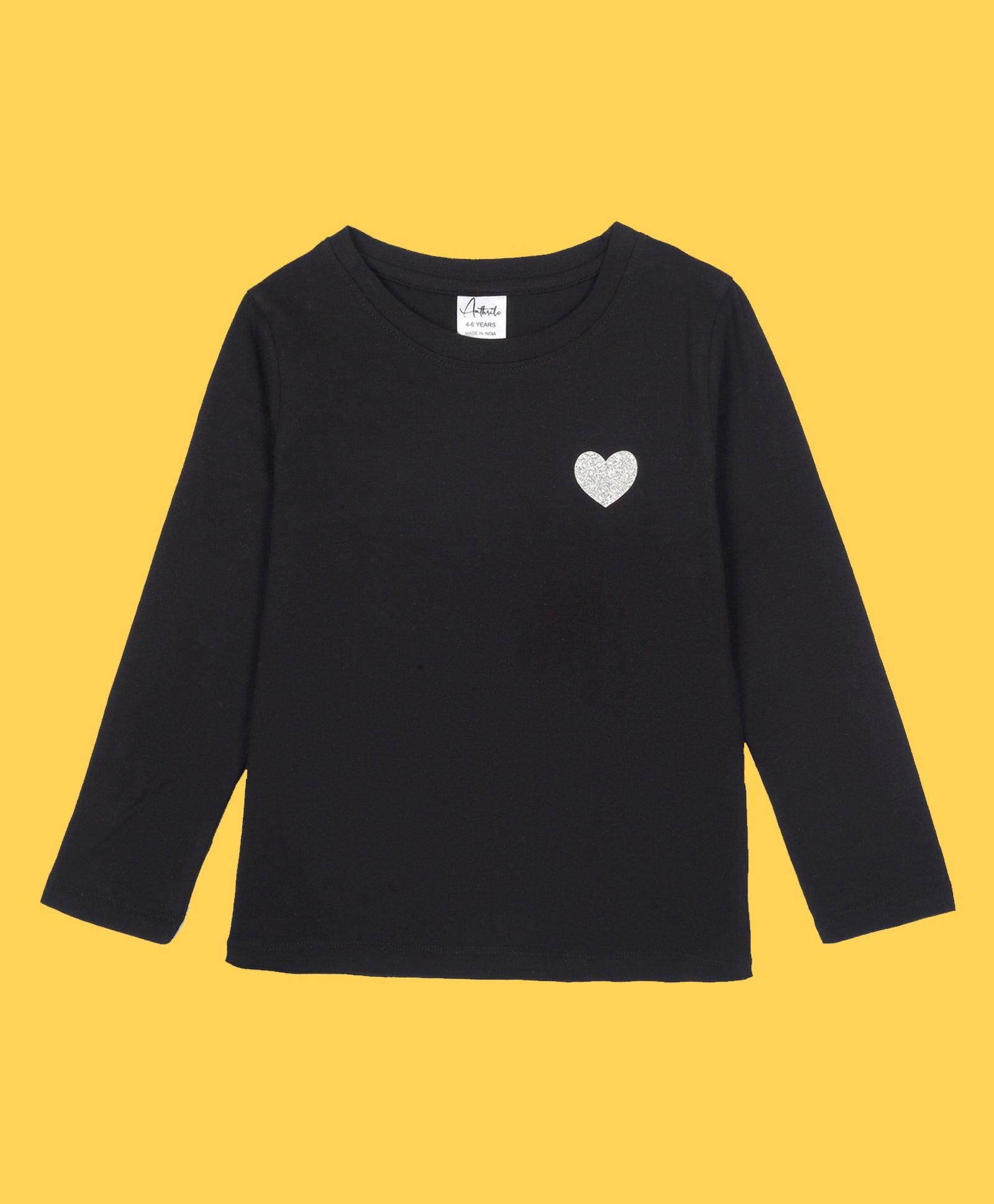 SILVER HEART BLACK LONG SLEEVES T-SHIRT - BLACK - Anthrilo 