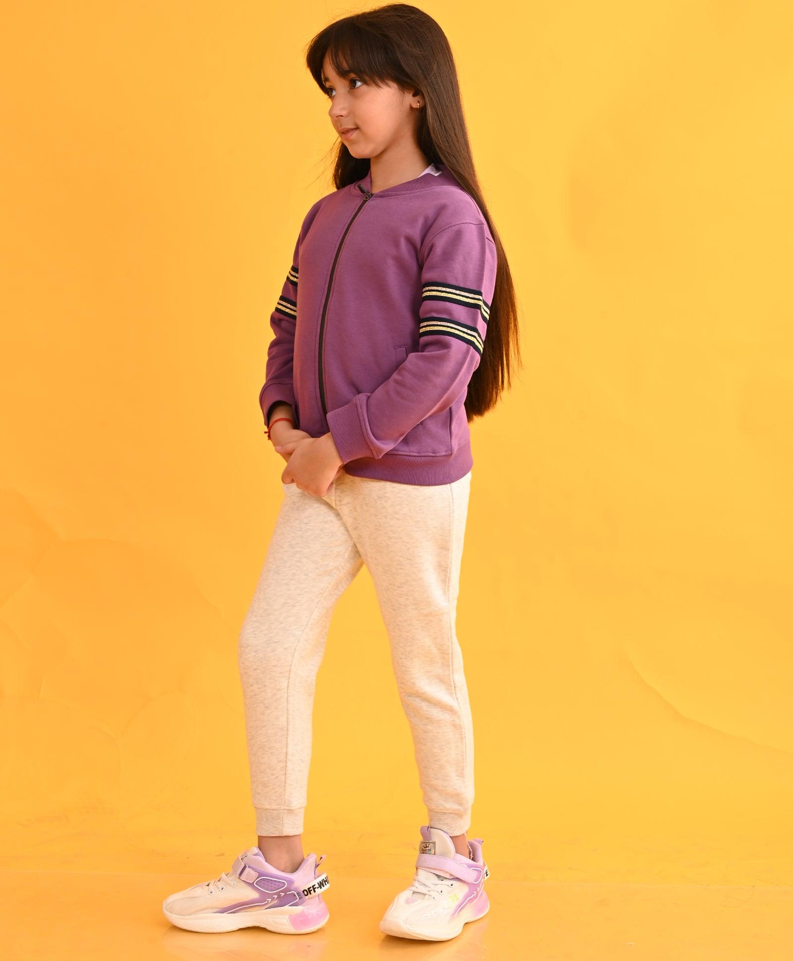 PURPLE GLITTER TAPE ZIPPER ECRU FLEECE SWEATSHIRT JOGGER SET - PURPLE/ECRU - Anthrilo 