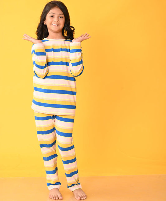 PINK ROYAL YELLOW STRIPED LONG SLEEVES GIRLS PYJAMA SET - Anthrilo 