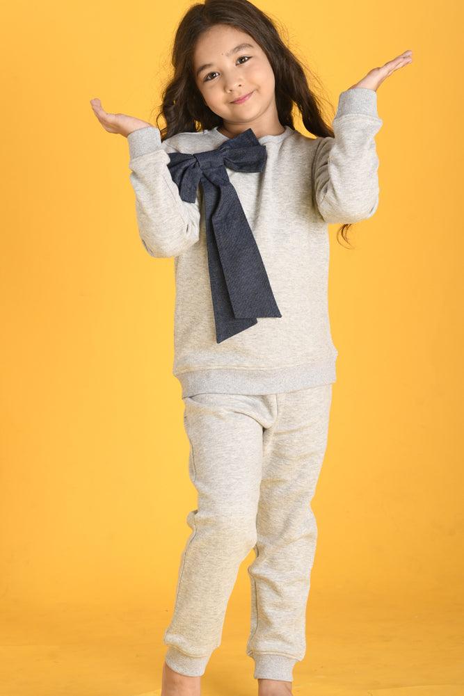 DENIM BOW FLEECE PLAIN SWEATSHIRT JOGGER SET - ECRU MELANGE - Anthrilo Design House