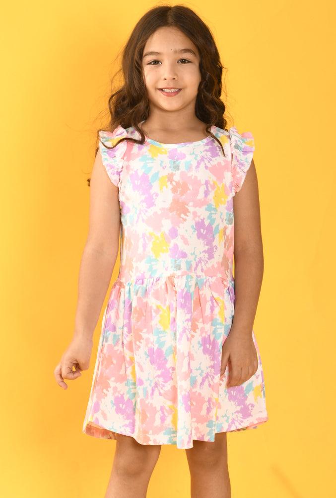 TIE DYE FUN RUFFLES SLEEVES DRESS - PINK - Anthrilo Design House