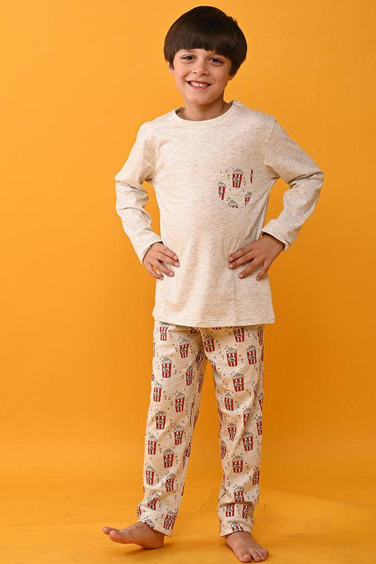 POPCORN BOYS PYJAMA SET - ECRU MELANGE - Anthrilo India